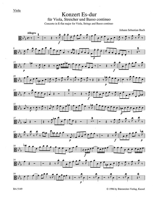 Concerto for Viola, Strings and Basso continuo in E-flat major [Bar:BA5149-79]