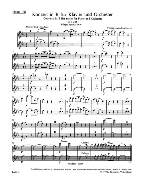 Concerto for Piano and Orchestra no. 6 in B-flat major K. 238 [Bar:BA5316-65]