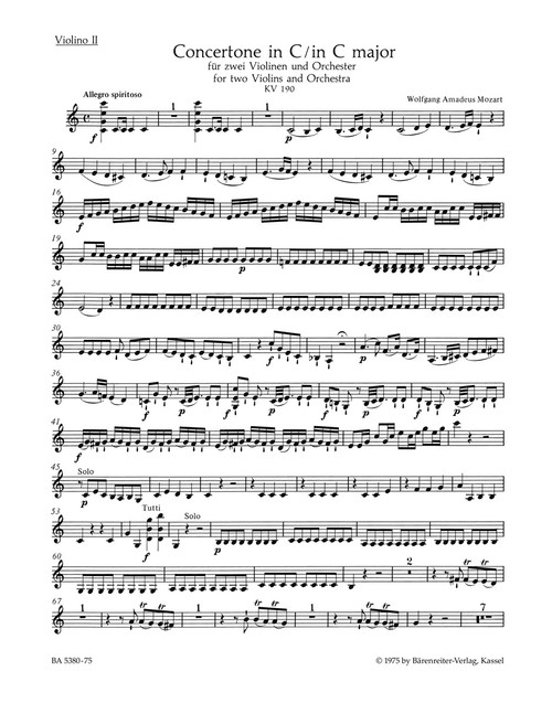 Concertone for two Violins and Orchestra in C major K. 190 (166b; KV6:186 E) [Bar:BA5380-75]