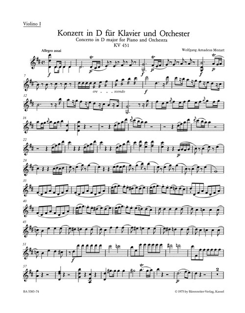 Concerto for Piano and Orchestra no. 16 in D major K. 451 [Bar:BA5383-74]