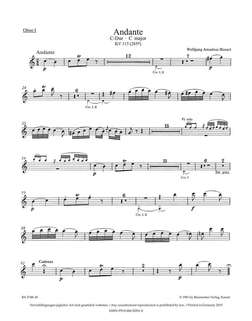 Andante for Flute and Orchestra in C major K. 315 (285e) [Bar:BA5748-65]