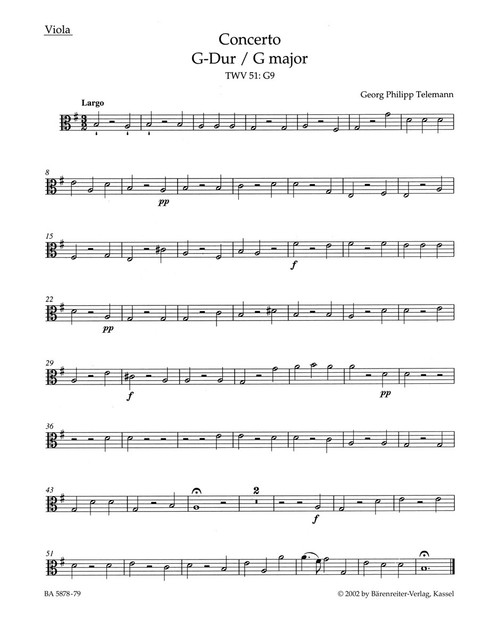 Concerto for Viola, Strings and Basso continuo in G major TWV 51:G9 [Bar:BA5878-79]