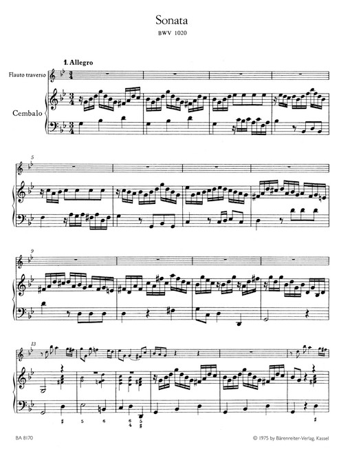 Sonata for Flute and obbligato harpsichord (piano) in G minor BWV 1020 [Bar:BA8170]