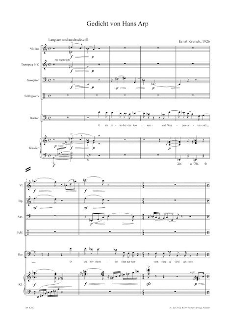 Gedicht von Hans Arp for Baritone and Five Instruments (1926) [Bar:BA8280]