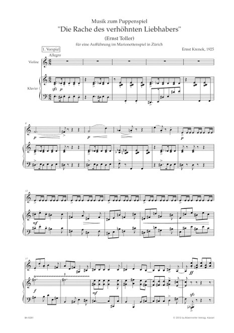 Musik zum Puppenspiel "Die Rache des verhöhnten Liebhabers" (Ernst Toller) for violin, piano and voice op. 41 (1925) [Bar:BA8281]