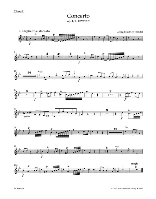 Concerto for Organ and Orchestra in G minor op. 4/1 HWV 289 [Bar:BA8341-29]