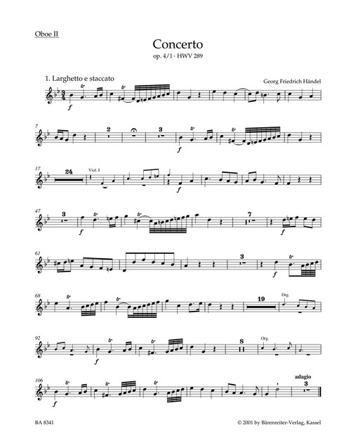Concerto for Organ and Orchestra in G minor op. 4/1 HWV 289 [Bar:BA8341-30]