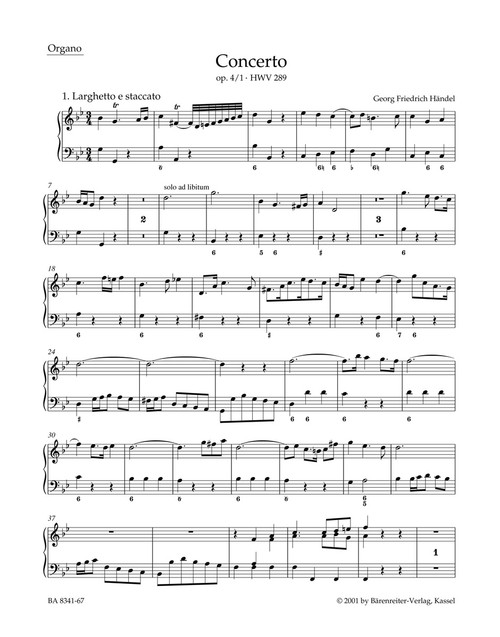 Concerto for Organ and Orchestra in G minor op. 4/1 HWV 289 [Bar:BA8341-67]