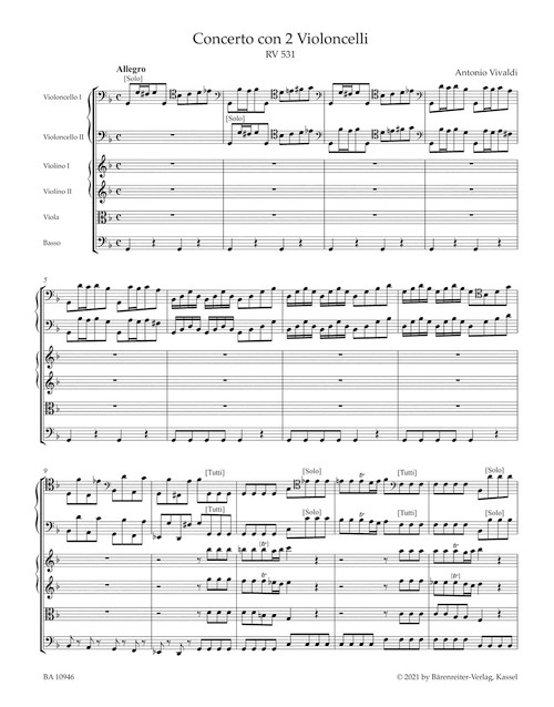 Concerto for two Violoncellos, Strings and Basso continuo in G minor RV 531 [Bar:BA10946]