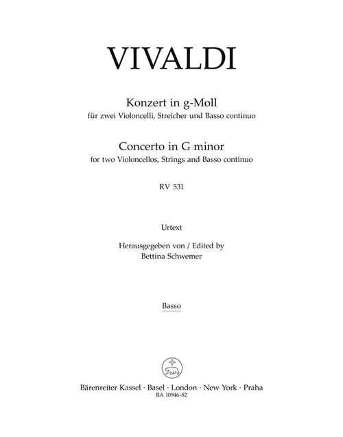 Concerto for two Violoncellos, Strings and Basso continuo in G minor RV 531 [Bar:BA10946-82]