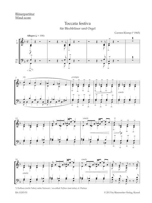 organ plus brass, Volume III: Toccata festiva for Brass Choir and Organ [Bar:BA11203-51]