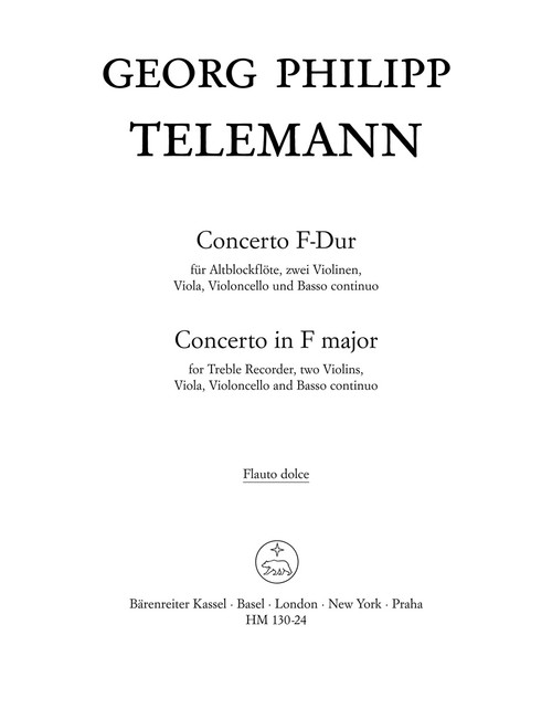 Concerto für Altblockflöte, zwei Violinen, Viola, Violoncello und Basso continuo F-Dur TWV 51:F1 [Bar:HM130-24]