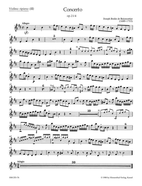 Concerto für 2 Soloinstrumente (Flöte, Violine - Flöte, Oboe - 2 Flöten), 3 Violinen und Basso continuo h-Moll op. 21/4 [Bar:HM253-76]