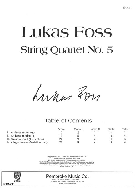 Foss, String Quartet No. 5 [CF:PCB143F]