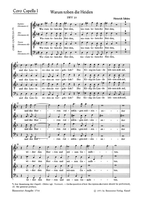 Warum toben die Heiden für 2 Favoritchöre, 2 Capellchöre und Basso continuo SWV 23 [Bar:BA1716-91]