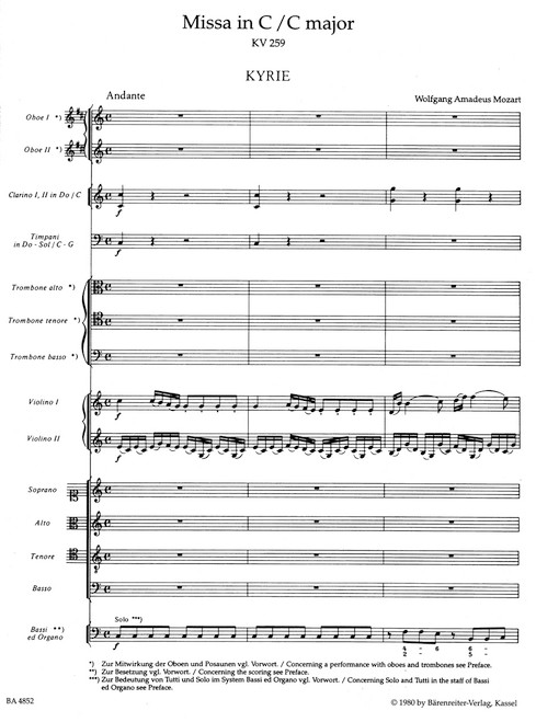 Missa in C major K. 259 "Organ Solo Mass" [Bar:BA4852]
