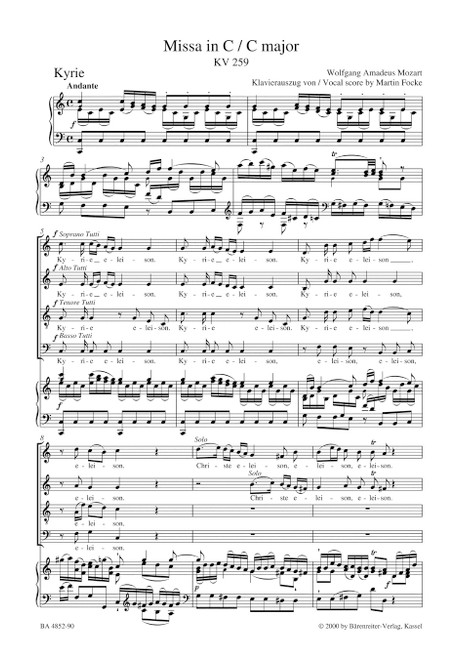 Missa in C major K. 259 "Organ Solo Mass" [Bar:BA4852-90]