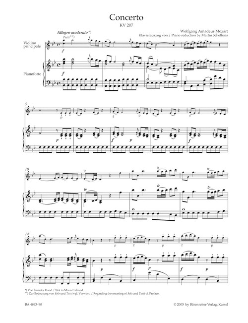 Concerto for Violin and Orchestra no. 1 in B-flat major K. 207 [Bar:BA4863-90]