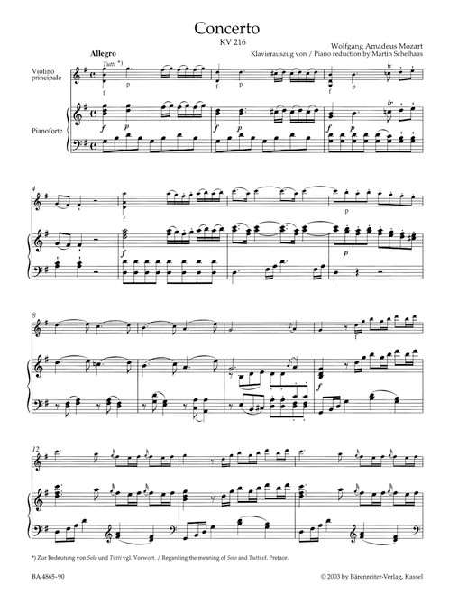 Concerto for Violin and Orchestra no. 3 in G major K. 216 [Bar:BA4865-90]