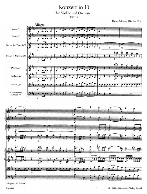 Concerto for Violin and Orchestra no. 4 in D major K. 218 [Bar:BA4866]