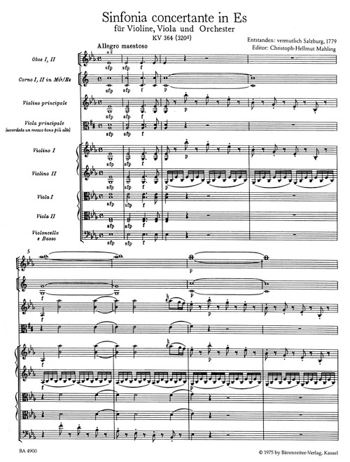 Sinfonia concertante for Violin, Viola and Orchestra in E-flat major K. 364 (320d) [Bar:BA4900]