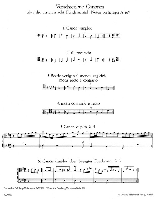 Fourteen Canons on the first eight notes of the Aria ground from the "Goldberg Variations" BWV 1087 [Bar:BA5153]