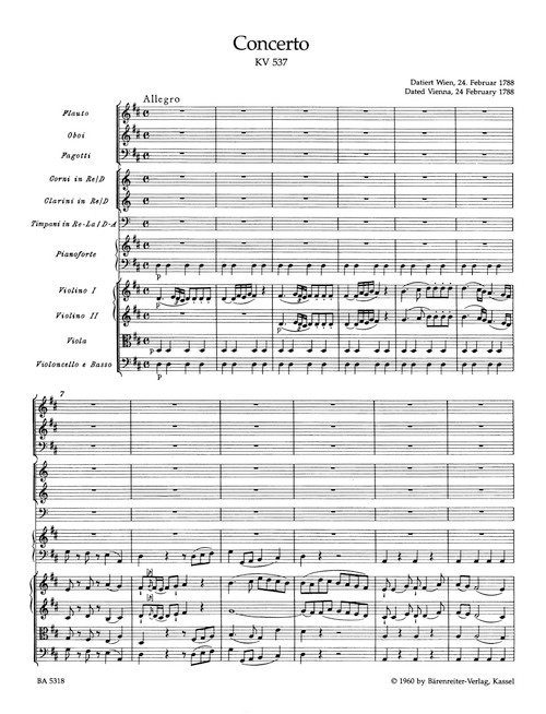 Concerto for Piano and Orchestra no. 26 in D major K. 537 "Coronation Concerto" [Bar:BA5318]