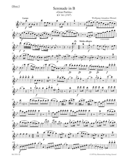 Serenade in B-flat major K. 361 (370a) "Gran Partita" [Bar:BA5331-22]