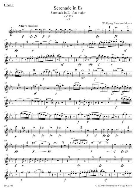 Serenade for 2 Oboes, 2 Clarinets, 2 Horns and 2 Bassoons in E-flat major K. 375 [Bar:BA5333]