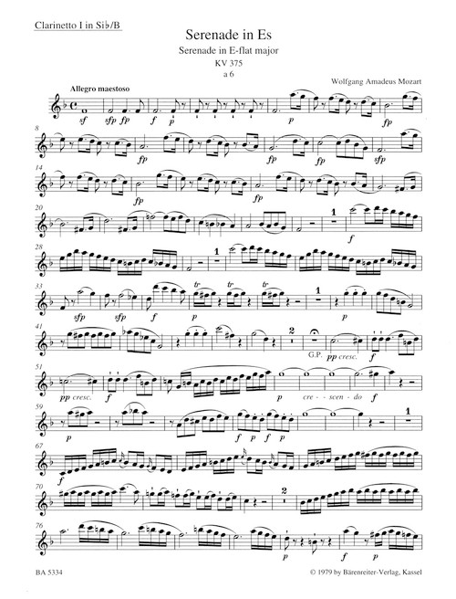 Serenade for 2 Clarinets, 2 Horns and 2 Bassoons in E-flat major K. 375 [Bar:BA5334]