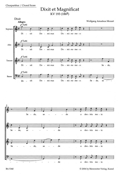 Dixit et Magnificat K. 193 (186g) [Bar:BA5340-91]