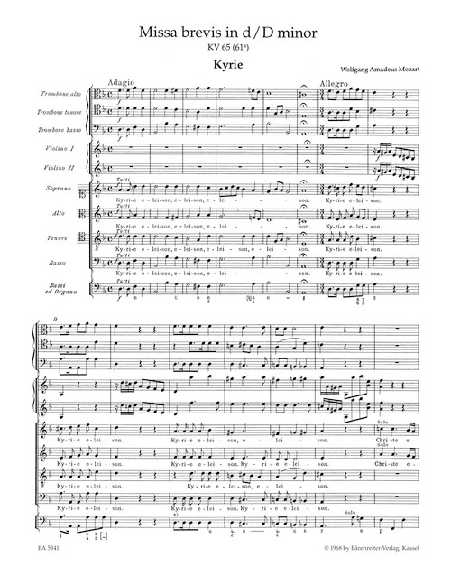Missa brevis in D minor K. 65 (61a) [Bar:BA5341]
