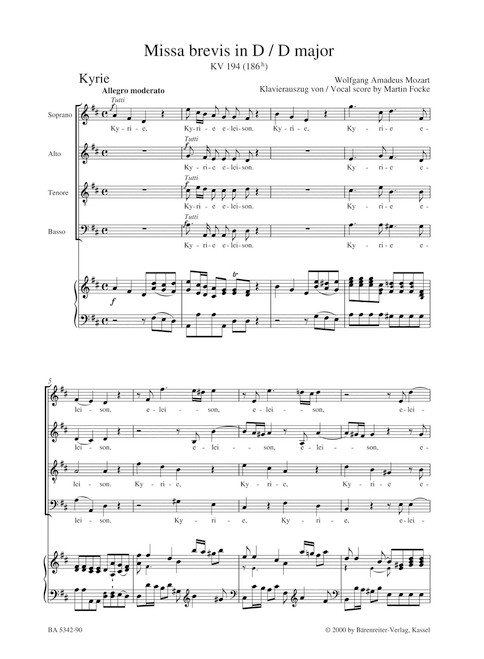 Missa brevis in D major K. 194 (186h) [Bar:BA5342-90]