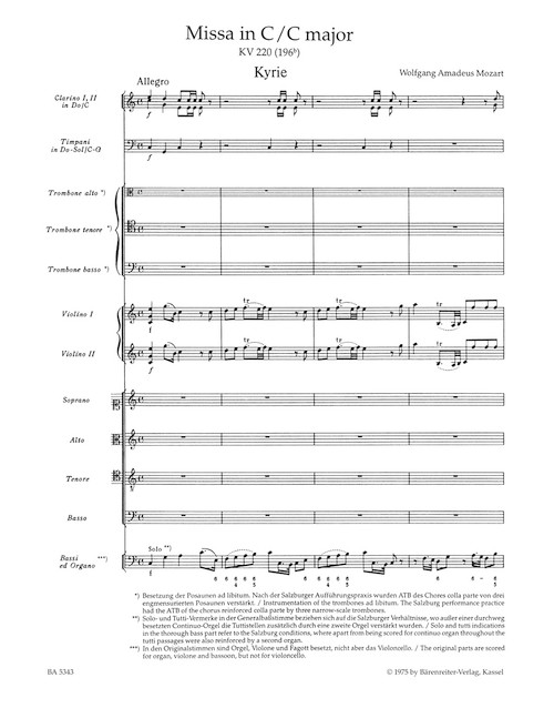 Missa in C major K. 220 (196b) "Sparrow Mass" [Bar:BA5343]