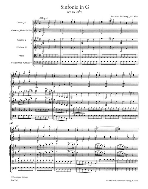 Symphony no. 12 in G major K. 110(75b) [Bar:BA5363]