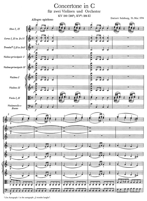 Concertone for two Violins and Orchestra in C major K. 190 (166b; KV6:186 E) [Bar:BA5380]