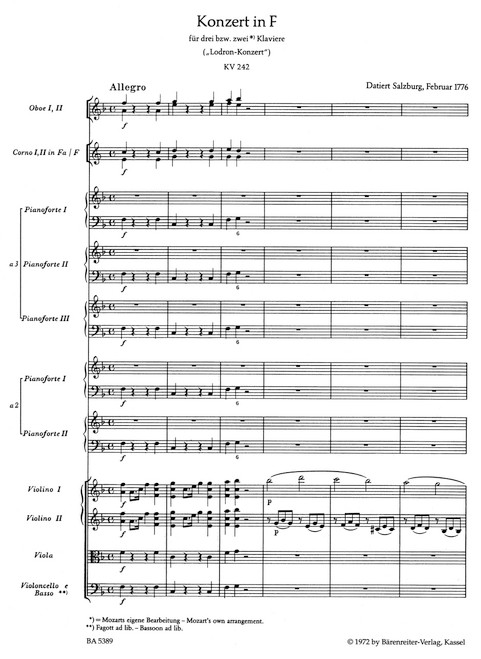 Concerto for three or two Pianos and Orchestra no. 7 in F major K. 242 "Lodron Concerto" [Bar:BA5389]