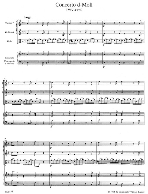 Concerto for 2 Violins (Flute and Violin), Viola and Basso continuo in D minor TWV 43:d2 [Bar:BA5875]
