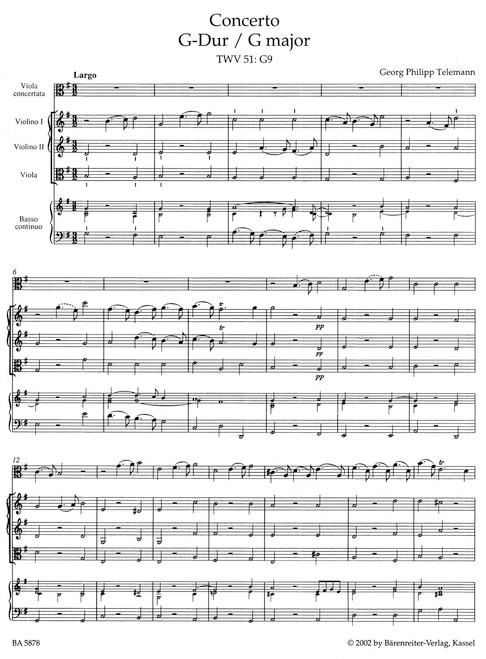 Concerto for Viola, Strings and Basso continuo in G major TWV 51:G9 [Bar:BA5878]