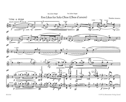 Five Likes for Oboe solo (Oboe d'amore) (1969) [Bar:BA6114]