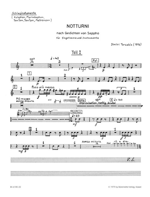 Notturni for Six Voices, Violin, Clarinet and Percussion (1976) [Bar:BA6180-22]
