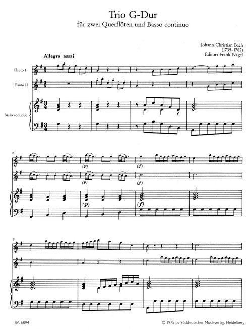 Trio for two Flutes and Basso continuo in G major [Bar:BA6894]