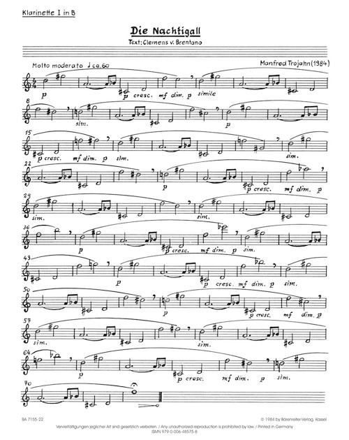 Die Nachtigall für 2 Soprane, Mezzosopran und 3 Klarinetten (1984) [Bar:BA7155-22]