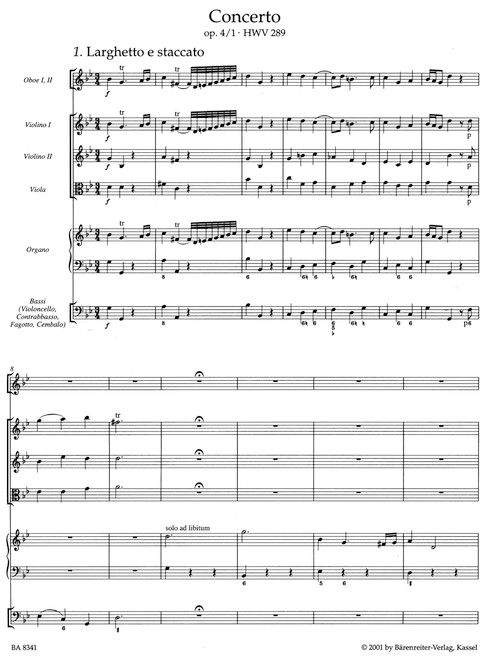 Concerto for Organ and Orchestra in G Minor op. 4/1 HWV 289 [Bar:BA8341]
