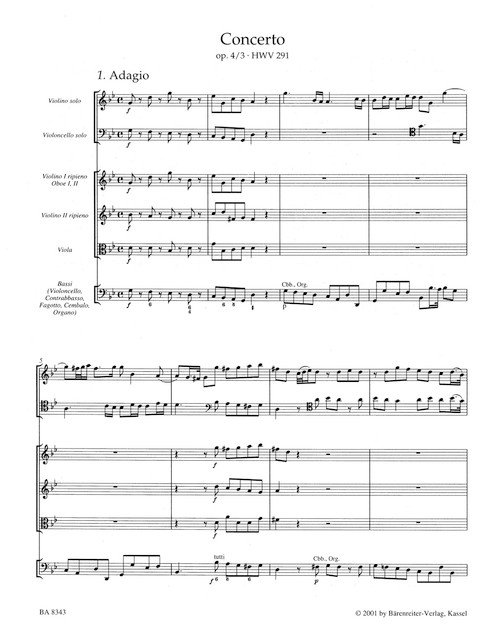 Concerto for Organ and Orchestra in G Minor op. 4/3 HWV 291 [Bar:BA8343]