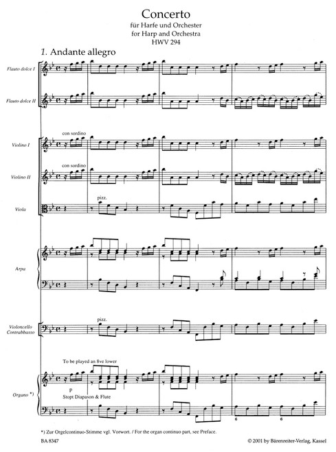 Concerto for Harp and Orchestra in B-flat Major op. 4/6 HWV 294 [Bar:BA8347]