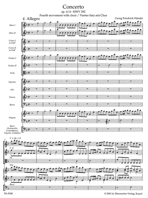 Concerto for Organ and Orchestra in F Major op. 4/4 HWV 292 [Bar:BA8348]
