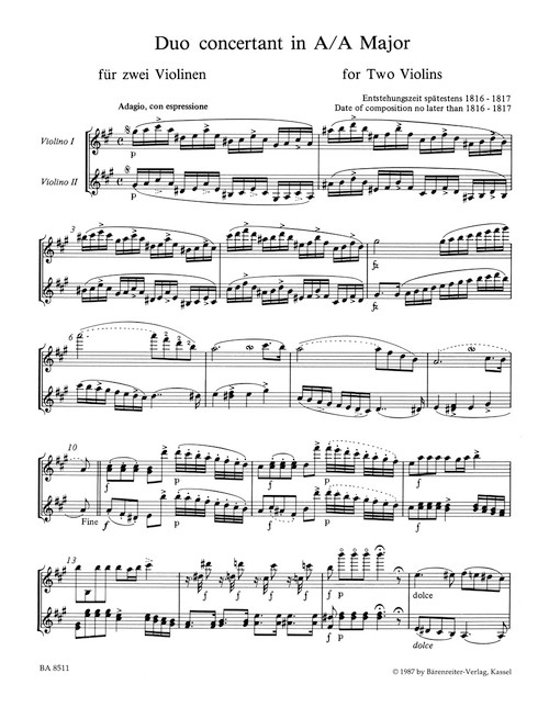 Duo concertant for Two Violins in A major [Bar:BA8511]