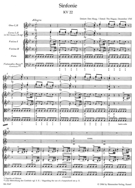 Symphony no. 5 in B-flat major K. 22 [Bar:BA9167]