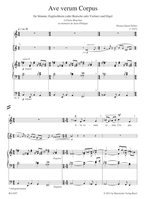 Ave verum Corpus für Stimme, Englischhorn (oder Bratsche oder Violine) und Orgel (2010) [Bar:BA9397]